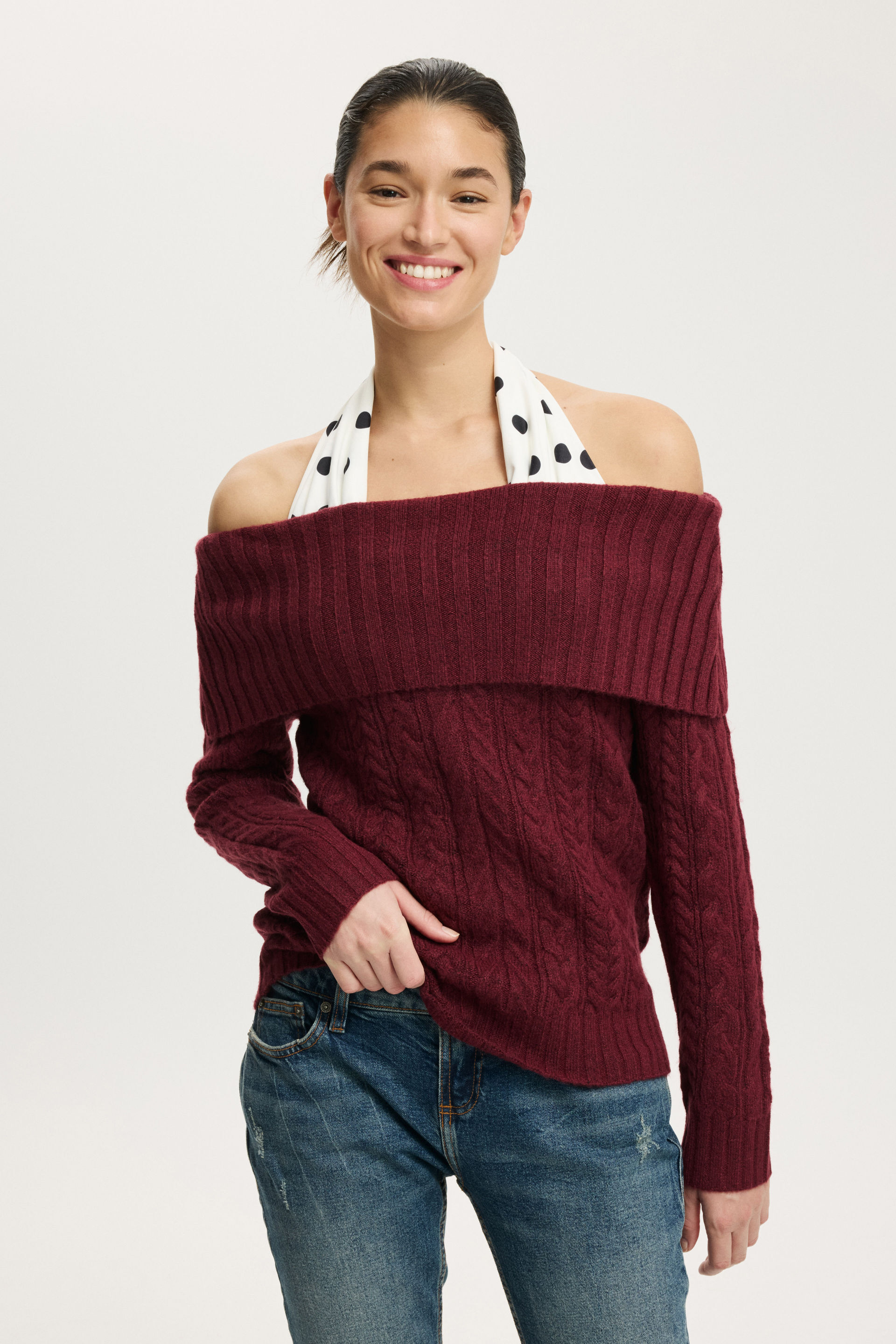 Fluffy Cable Off Shoulder Knit